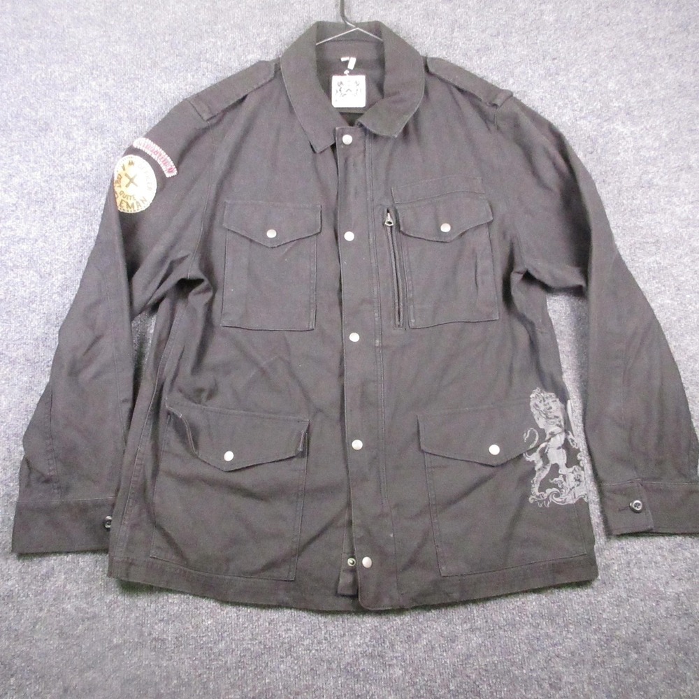 Juicy Couture Jacket Mens 2XL Black Military Canvas Lion Crest Graphic Patch